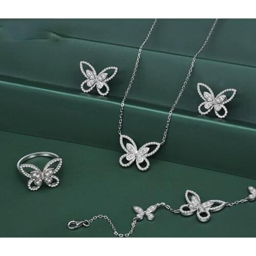 Fashion Real 925 Sterling Silver Butterfly Women Jewelry Sets Sparking AAAAA+ Zircon Stud Earrings Necklace Bracelet Rings Gifts