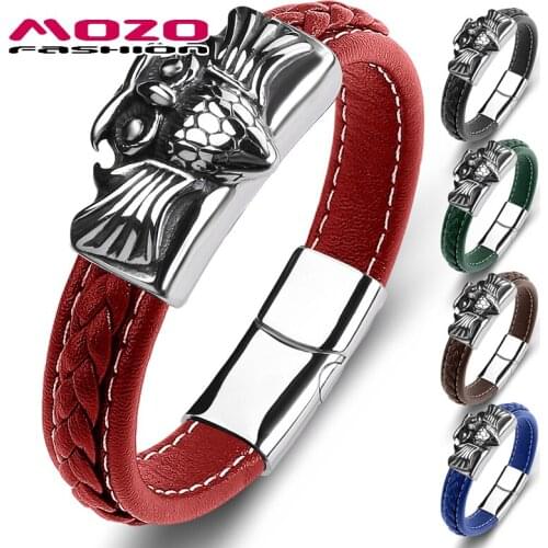 MOZO FASHION Men Bracelets Classic Owl Multi Color Genuine Leather Stainless Steel Charm Wholesale Dropshipping Jewelry 130