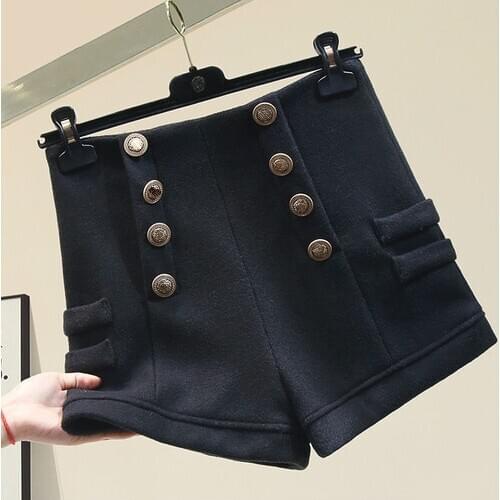 High Waist Slim Fit Double Breasted Shorts Womens Autumn and Winter New Korean Style Casual A- Line Outerwear Wide Leg Trousers