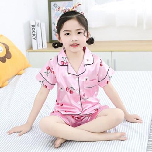 New Summer Childrens Pyjamas Silk Satin Tops Pant Kids Short Sleeve Sleepwear Nightwear Girl Boy Pajama Sets