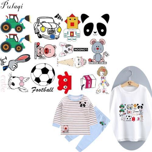 Pulaqi New Children Cartoon Unicorn Ballon Iron On Transfer Cute Patches Panda football Heat Thermal Transfer For Kids Clothes F