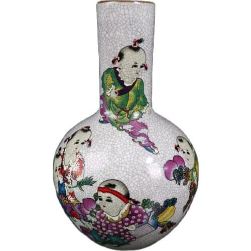 Early collection of antique open piece famille rose baby play pattern Tianqiu bottle family decoration ornaments
