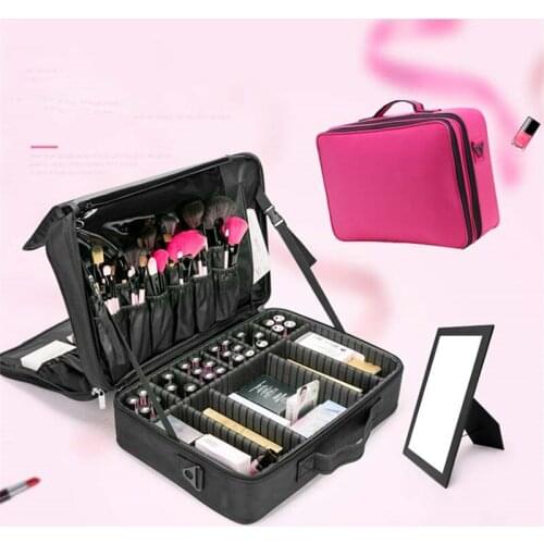 Pink and Black Portable Large Capacity Makeup Organizer, Professional Makeup Case Bag, Cheap New Korean 3 Layers Storage Box