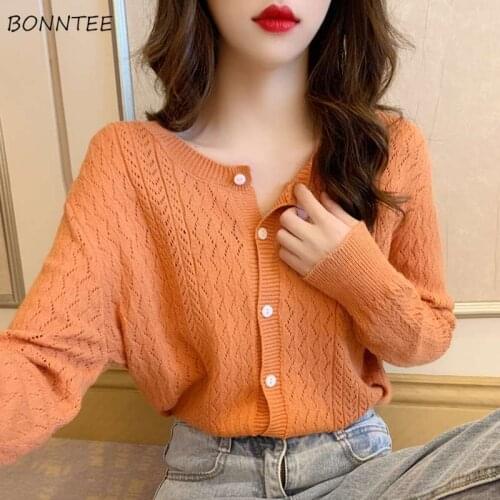 Sweaters Women Fresh Chic Hollow Out Design Orange Lovely Soft Loose All-match Femme Knitwear Spring Fall Ulzzang Woman Sweater