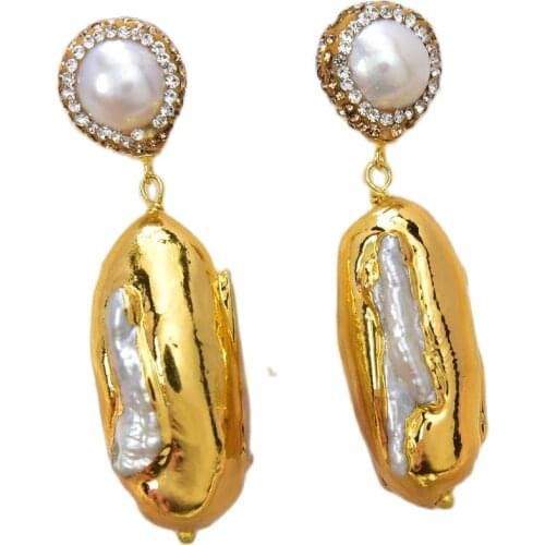 JK White Biwa Keshi Pearl gold color plated dangle Pearl CZ Plated Earrings