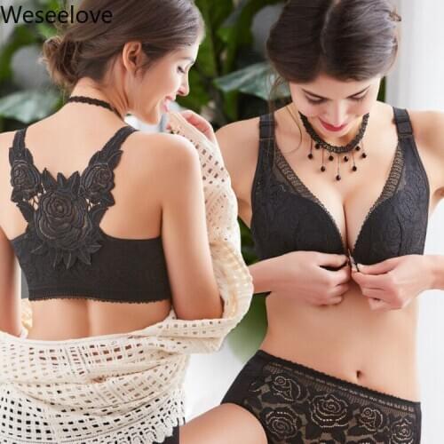 Weseelove Spring and Autumn New Front Buckle Rose Beautiful Back Plus Size Bra Thin Rimless Underwear Gathered To Adjust Bra M24