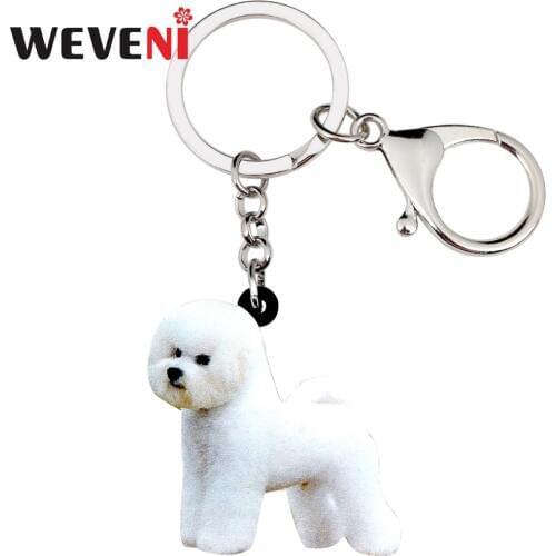 WEVENI Acrylic Sweet Bichon Frise Dog Key Chains Keychains Rings Animal Jewelry For Women Girls Female Holder Car Bijoux Charms
