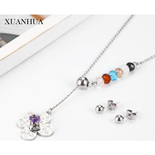 XUANHUA Stainless Steel Jewelry Woman Charm Necklace Earrings Set Steel Ball Earrings Jewelry Accessories wholesale lots bulk