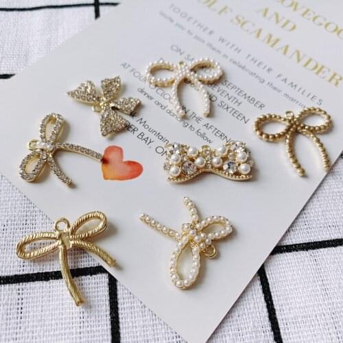 DIY jewelry accessories wholesale alloy plating bow inlaid pearl pendant earrings basic accessories