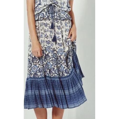 Floral Summer Skirt Drawstring Boho Blue Skirt for women