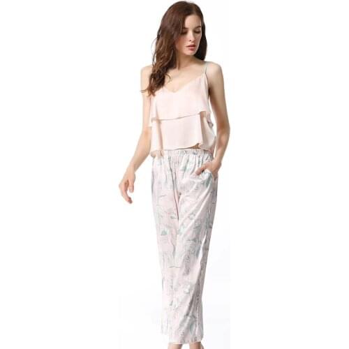 Women Ruffles Strap Top Nightgown&Pants Pajamas Sets 2PCS Rayon Sleepwear Nightwear Loungewear Pyjamas Summer Home Wear