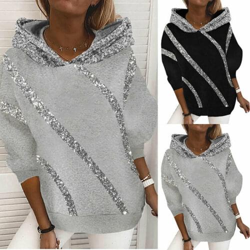 Womens Casual Long Sleeve Sweatshirt Sequins Hooded Pullover Hoodies Tops