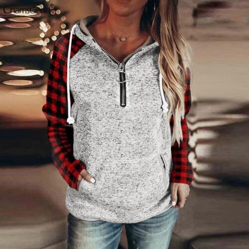 Women Casual Hoodies Patchwork Hooded Top 1/4 Zip Up Sweatshirt With Pockets Coat Plaid Print Sweatshirts Female Harajuku Jumper