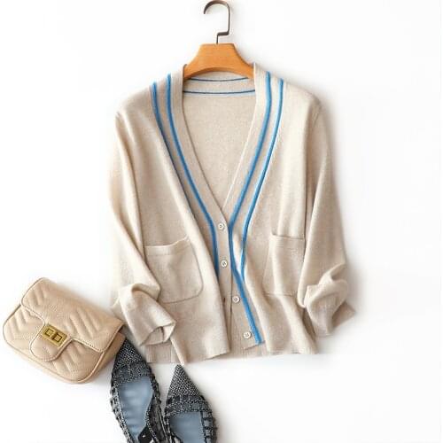 Autumn winter new 2020 100% cashmere v neck cardigan women contrast pocket outerwear europe fashion designs chic short coat