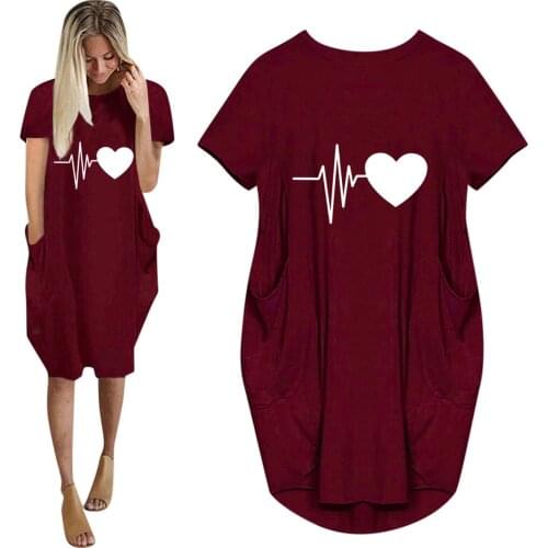 40# Office Lady Love Print Loose Dress Casual Pockets O-neck Short Sleeve Dresses Knee Length Plus Size Платье Больших Размеров