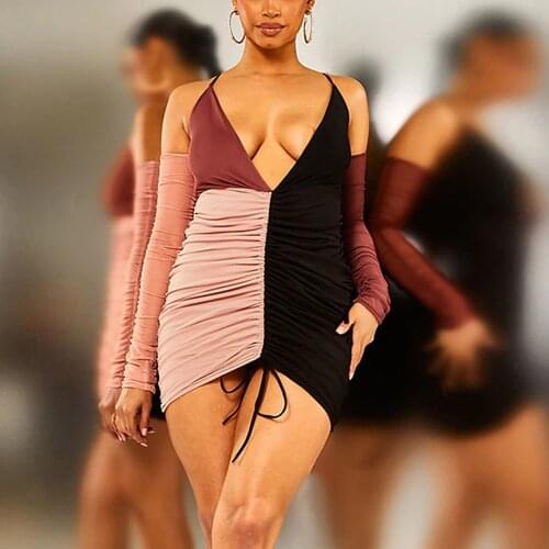 2021 Newest Arrival Women Color Blocking Slinky Dress Ladies Deep V-neck Front Drawstring Halter Dresses with Arm Sleeve