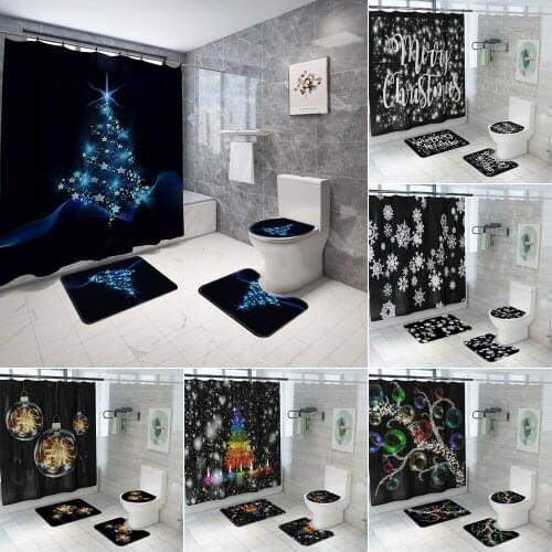 Black Merry Christmas Print Shower Curtain Cover Toilet Cover Bath Mat Pad Set Bathroom Curtain with 12 Hooks Holiday Decoration