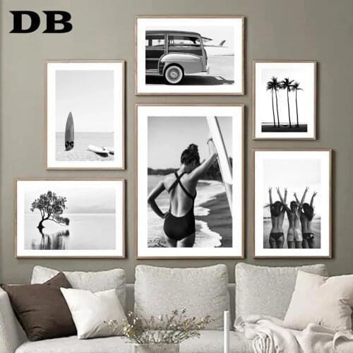Black White Beach Surf Girl coconut Tree Car Van Nordic Poster Wall Art Prints Canvas Painting Decor Pictures For Living Room