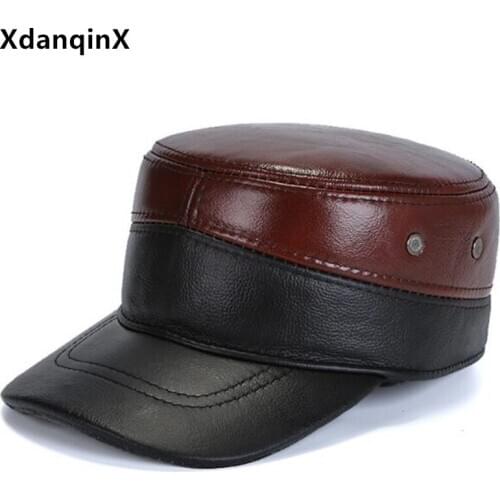 XdanqinX Genuine Leather Cap Winter Mens Warm Earmuffs Hat Military Hats Men Flat Cap Adjustable Size Cowhide Leather Brand Ha