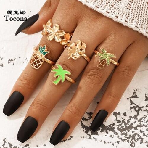 Tocona 5pcs/sets Boho Pineapple Coconut Tree Gold Ring Sets for Women Pretty Flowers Crysta Stone Summer Jewelry кольца 19692