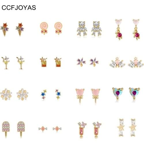 CCFJOYAS 16 pair/set 925 Sterling Silver Colorful Zircon Mini Cute Stud Earrings Set for Women Simple INS 18k Gold Jewelry Set