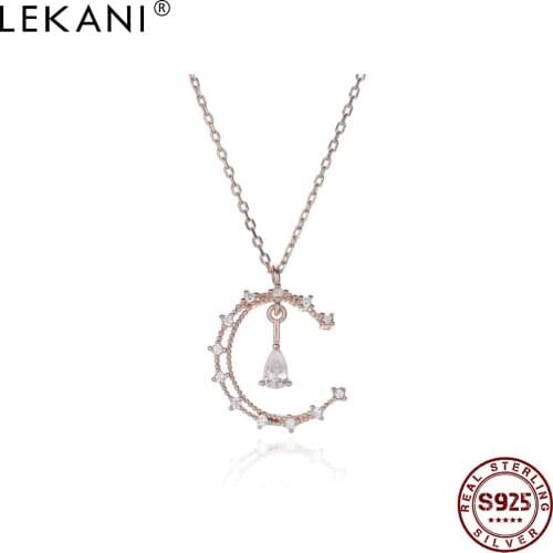 LEKANI Real Sterling Silver 925 Jewelry Hollow Shiny Moon Pendant Necklaces For Women Clear Water Drop Zircon Dangle Necklace