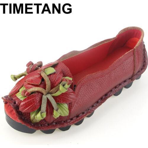 TIMETANG Loafers Woman Super Soft Genuine Leather Flats Anti-Slippy Flower Bright Color Shoes Pregnant Vintage Womens Shoes