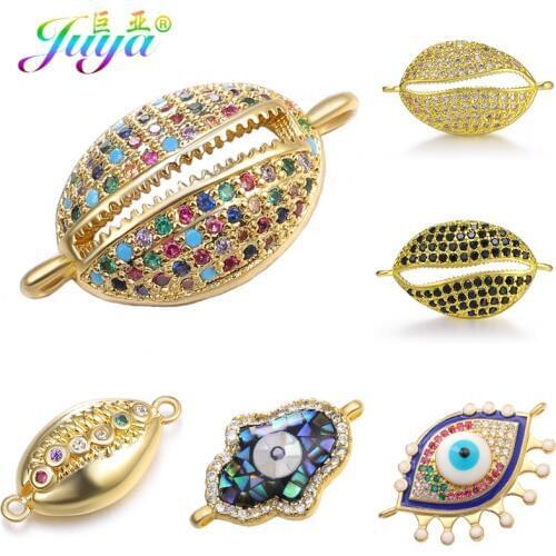 Juya DIY Jewelry Material Supplies Micro Pave Zircon Hamsa Evil Eye Shell Cowrie Charm Connector For Bracelets Earrings Making