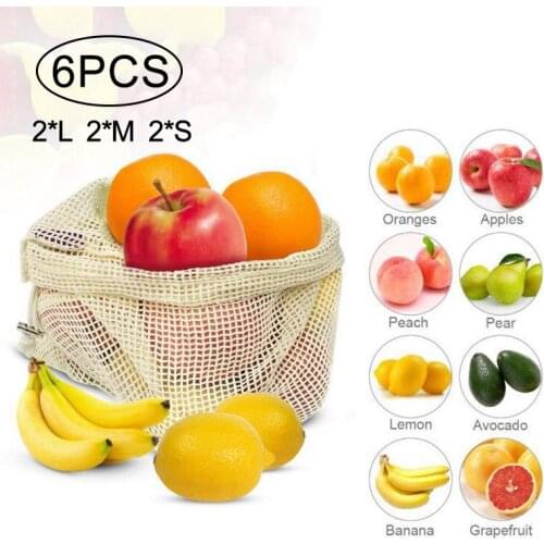 6Pcs Reusable Produce Fruit Vegetable Bags Cotton Mesh Potato Onion Storage Bags with Drawstring Home Kitchen Organizer Supplies