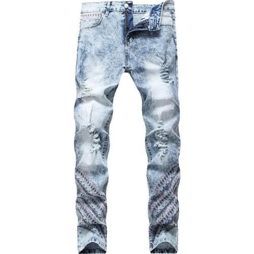 Fashion Mens Jeans Embroidery Hole Straight Elastic Man Pants Casual Jeans Denim Pants Men Clothing