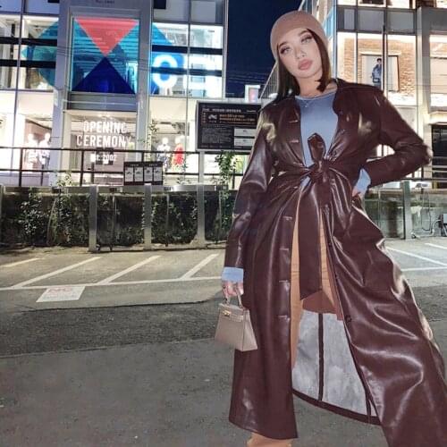 Cool Girl Kim Same Style Faux-Sheepskin Simple Fit And Slim Black Blazer Long Belt PU Leather Windbreaker Jacket