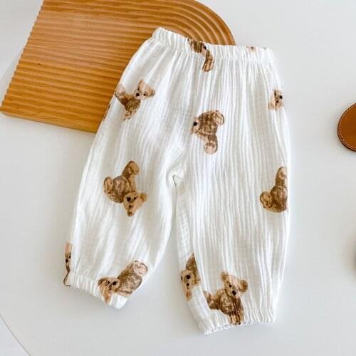 Soft Breathable Summer Kids Pants Lovely Cartoon Bear Printing Pattern Solid Color Trousers Toddler Casual Pants for Kids Child