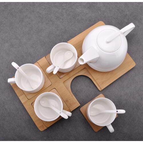 Direct custom ceramic coffee tea set 4 cup 1 teapot coffee set suit coffee cup with bamboo frame