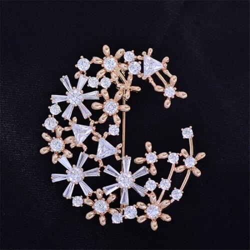 OKILY Fashion Moon Brooch Sweater Coat Shawl Pin and Brooches for Women Elegant Zircon Flower Brooch Xmas Accessories Jewelry