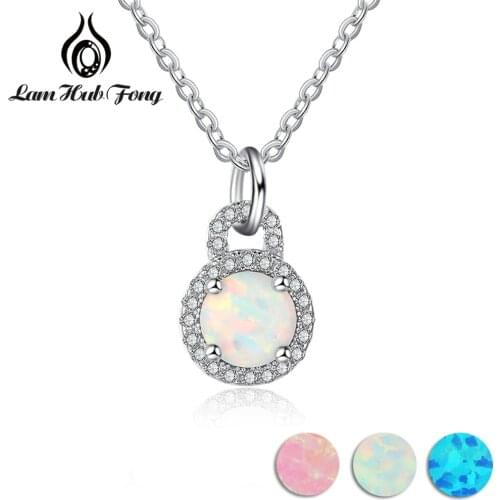 925 Sterling Silver Pendant Necklace Cubic Zirconia & Round Blue Pink White Opal Necklace For Women Fine Jewelry (Lam Hub Fong )