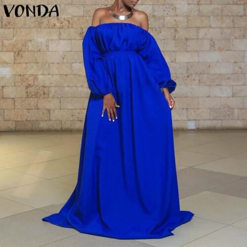 VONDA Women Party Dress Casual Puff Sleeve Off Shoulder Long Maxi Dresses Loose Solid Color Bohemian Vestidos Femme Sundress