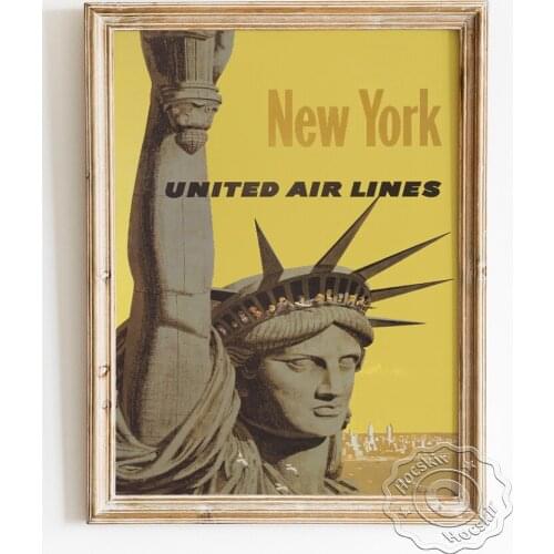 United Air Lines Vintage Advertising Poster, New York Scenery Spot Travel Publicity Art Prints, Montage Wall Picture Decoration
