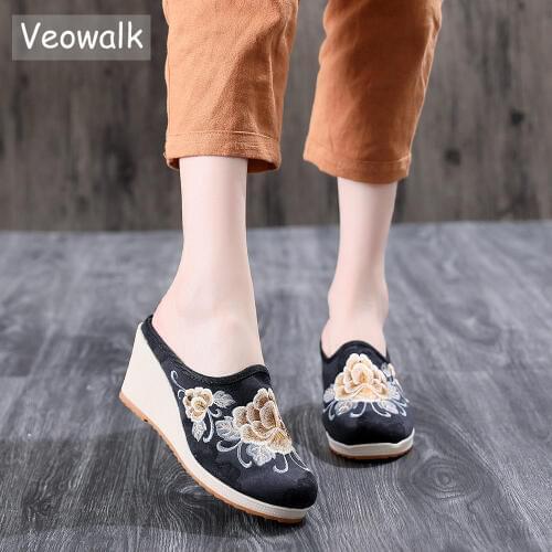 Veowalk Old Beijing Embroidery Womens Canvas Mules Slippers High Heel Wedge Ladies Comfort Linen Cotton Platforms Shoes