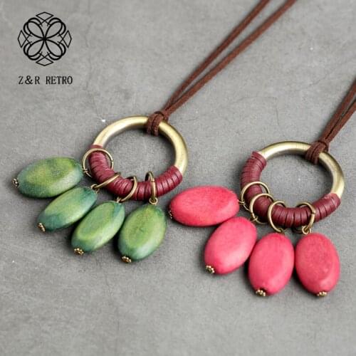Vintage Long Necklace For Women Colored Wooden Beads Jewelry Necklaces & Pendants Chain Chokers Jewellery Suspension Accessories