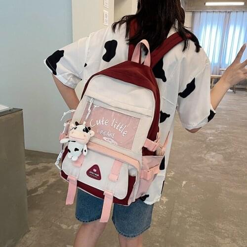 Large-capacity Waterproof Student Travel Bags Fashion Womens Backpack Kawaii Pendant Contrast Color School Bag For Girls Nylon