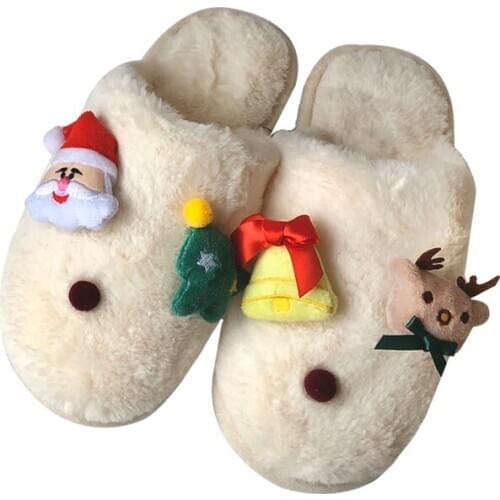 Chirstmas Santa Deer Pattern Women Plush Slippers For Home Soft Female Indoor Slipper Winter House Cotton Padded Shoes 36-41
