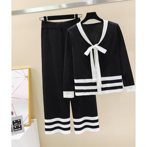 2021 Women Autumn Knitted Suits Fashion Hit Color Bow Tie Long Sleeve Sweater Cardigan Top + Wide Legs Pants Casual 2 Piece Set