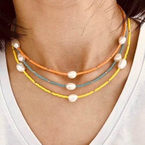 2021 New Rainbow Bohemian Soft Pottery Pearl Choker Necklace For Women Fashion Boho Beach Collier Beaded Necklace Female Jewelry