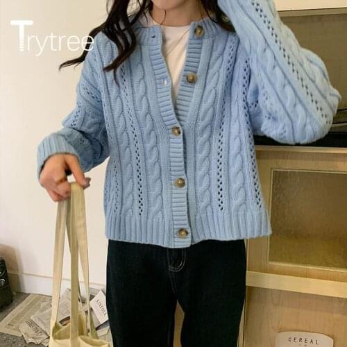 Trytree 2020 Winter Women Casual Sweater O-neck Single Breasted Solid Knitting Fashion Loose All-Purpose Style Sweater Coat