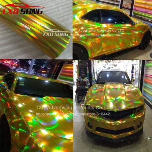 20X49CM/Lot Gold Chrome Holographic Wrap Rainbow Vinyl film Chrome laser Vinyl car sticker with air free bubble by free shipping