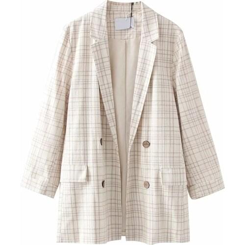 BBWM 2021 Women Elegant Cotton Linen Beige Plaid Long Sleeve Suit Female Vintage Office Lady Double Breasted Blazer Casual Top