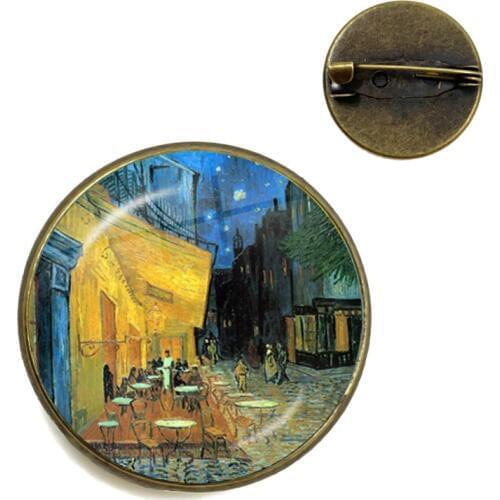 Retro Van Gogh Art Starry Night Sunflower Brooches 20mm Glass Cabochon Dome Jewelry School Bag Bronze Brooch Pins For Women Men