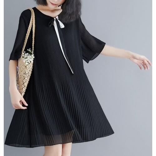 AreMoMuWha Black Lace Dress Loose 2019 Summer New Lady Loose Micro Fat Slimming Meat Bottoming Pleated Dress Shirt Dress MH335
