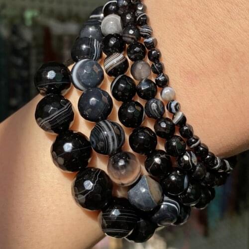 Black Natural Stone Faceted Agates Beads Striped Round Loose Beads For Jewelry Making Diy Bracelet Charms Accessories 4-12mm 15