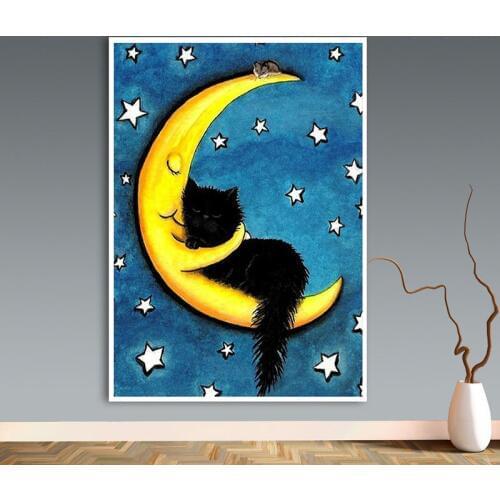 DIY Diamond Embroidery Moon hugs black cat 5D Diamond Painting cartoon Full Square Round Diamond Mosaic Rhinestones Pictures